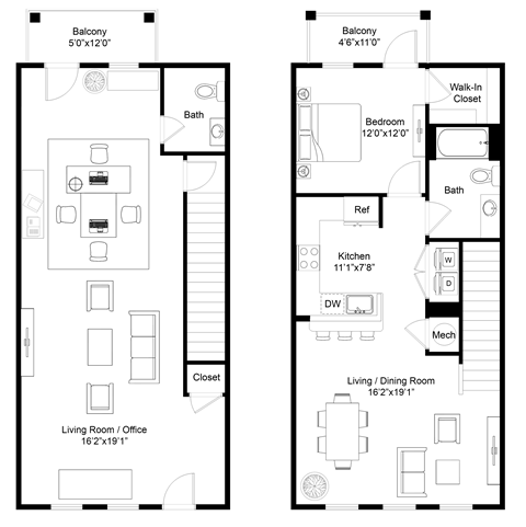 A floor plan shows two different layouts for a house with a balcony, bathroom, bedroom, living room, office, kitchen, and closet.